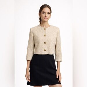 St John Couture Tweed Blazer Gold Buttons Cream Sand Cropped Sz 6 NWOT